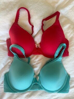 Victoria's Secret Lightly Lined Perfect Coverage Red and Teal Bra Set 34C